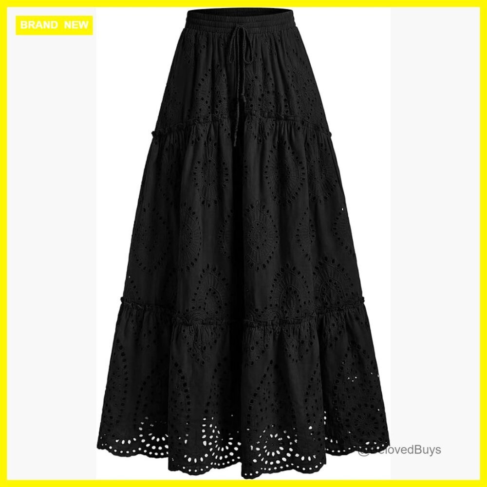 Maxi Skirt with Lace Embroidery, Elastic Waist, Flowy Tiered Design for Beach